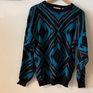Vintage Geometric Patterned Black and Blue Sweater
